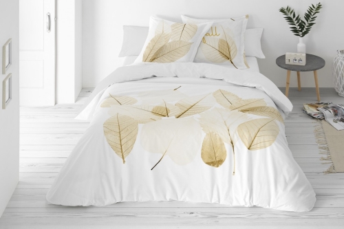  Pościel Satyna Bawełniana PRESTIGE 160x200 Złote liście na jasnym tle