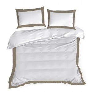 Pościel Satynowa 160x200 Laura Biała z beżową lamówką 