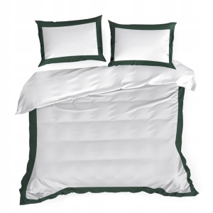 Pościel Satynowa 220x200 Laura Biała z zieloną lamówką