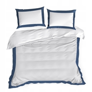 Pościel Satynowa 220x200 Laura Biała z granatową lamówką