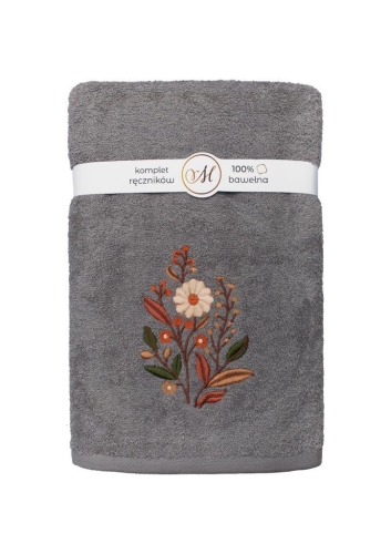 Komplet ręczników  frotte Maribella 3 szt.  Upominkowy Kwiatki Ciemny Szary Bawełna  