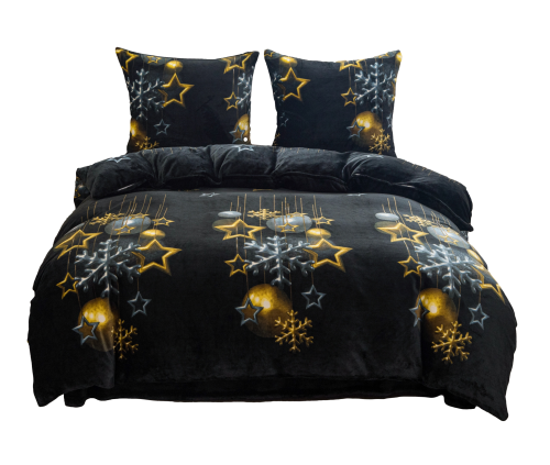 Pościel Świąteczna 220x200 Gwiazdki Bombki Złote Pluszowa Czarna