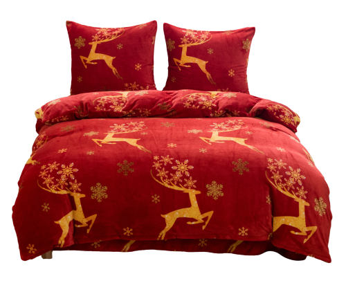 Pościel Świąteczna 220x200 Renifery Złote Czerwona Pluszowa  