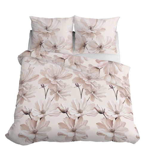 Pościel Satynowa 160x200 Kwiaty Jasna Beżowa