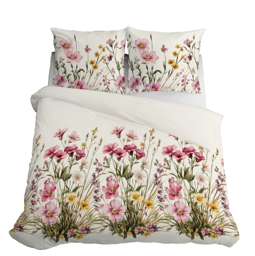 Pościel Satynowa 160x200 Kwietna Łąka w czerwonych kwiatach