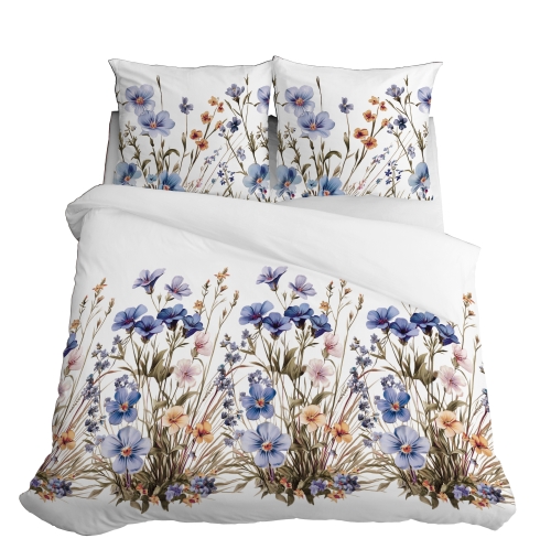 Pościel Satynowa 160x200 Kwietna Łąka w niebieskich kwiatach