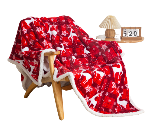 Puszysty koc świąteczny 160x200 Renifer Świąteczny Czerwony kratka 