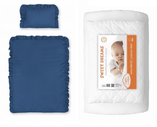 Komplet Niemowlęcy Pościel z falbanką 90x120 Bawełniana 2 cżęściowa Granatowa Denim + Kołderka 90x120 