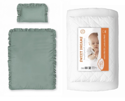 Komplet Niemowlęcy Pościel z falbanką 90x120 Bawełniana 2 cżęściowa Zielona Miętowa + Kołderka 90x120 