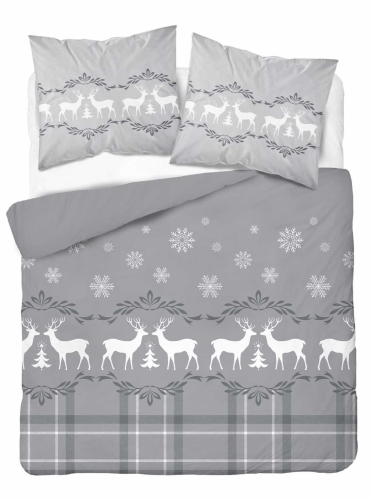 Pościel Świąteczna Satynowa 220x200 Renifery Gwiazdki Popielata