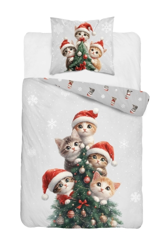 Pościel Świąteczna 160x200 Kotki Świąteczne MERRY CHRISTMAS   