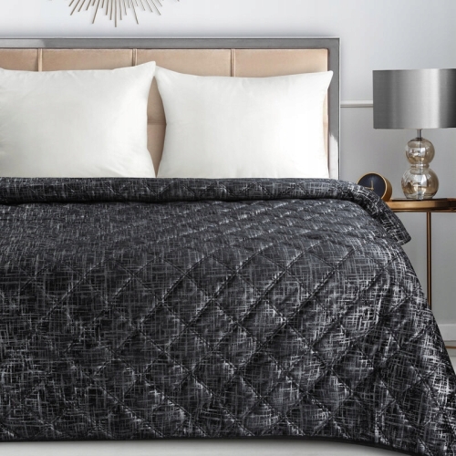 Narzuta dekoracyjna 200x220 Czarna welwetowa geometryczne pikowanie z błyszczącym nadrukiem