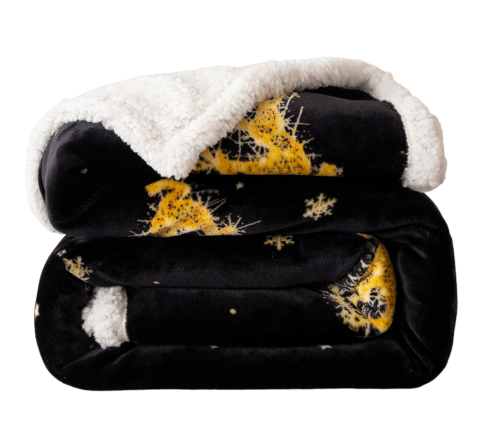 Puszysty koc świąteczny 160x200 Renifery Złote Świąteczne na czarnym tle BARANEK 