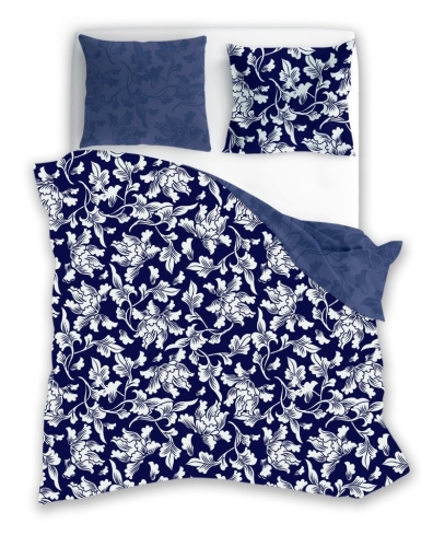 Pościel Satynowa 140x200 Milagro Kwiaty Liście jasne na granacie Dwustronna