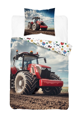 Pościel młodzieżowa 140x200 Traktor w polu Czerwony