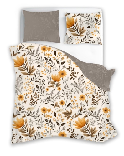 Pościel Bawełniana 220x200 Gusto Kwiaty Liście Dwustronna miodowa/szara 