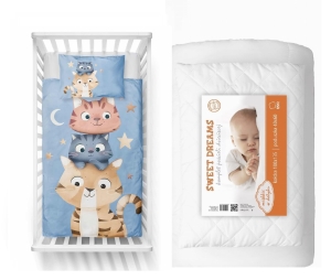 Komplet do łóżeczka 100x135 Kołdra + Pościel Kotki trzy niebieska