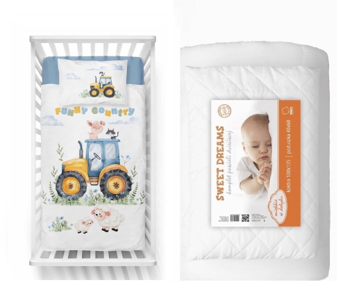 Komplet do łóżeczka 100x135 Kołdra + Pościel Traktorek niebieski farma