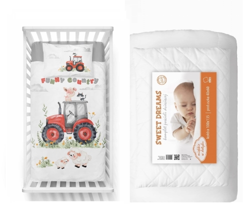 Komplet do łóżeczka 90x120 Kołdra + Pościel Traktorek czerwony farma 