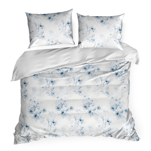 Pościel Satynowa 140x200 Kwiaty niebieskie na jasnym tle