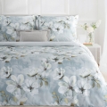 Pościel Satynowa 140x200 Kwiaty niebieska jasnoszara pastelowa