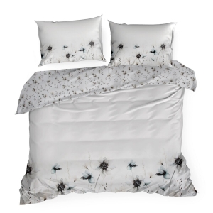 Pościel Satynowa 160x200 Premium Liście Kwiaty biały/szarobeżowy 