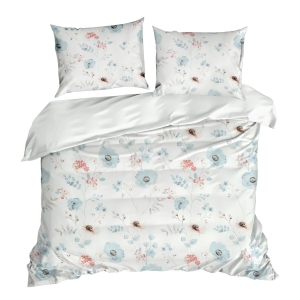 Pościel 140x200 Satynowa Mikrofibra Ines Kwiaty biały/błękitny