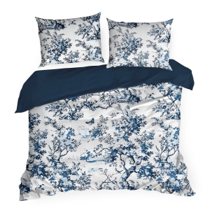 Pościel Satynowa 160x200 Kwiaty Granatowa