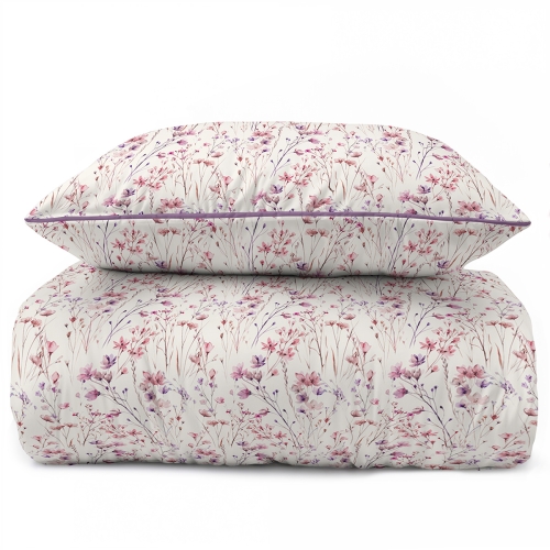 Pościel 160x200 La Perkale Perkal z lamówką Kwietna łączka w odcieniach różowego Bawełna Premium  