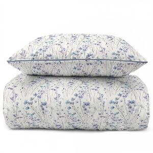 Pościel 160x200 La Perkale Perkal z lamówką Kwietna łączka w odcieniach niebieskiego i fioletu Bawełna Premium  