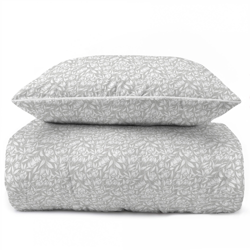 Pościel 160x200 La Perkale Perkal z lamówką Kwiaty Liście w odcieniach szarości Bawełna Premium 
