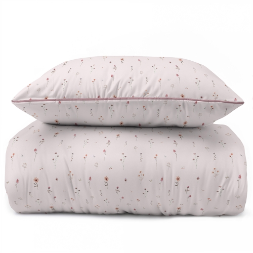 Pościel 160x200 La Perkale Perkal z lamówką Kwiatki kolorowe na różowym tle Bawełna Premium 