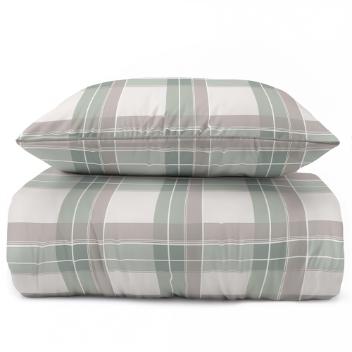 Pościel 160x200 La Perkale Perkal z lamówką Kratka beżowo zielona Bawełna Premium 