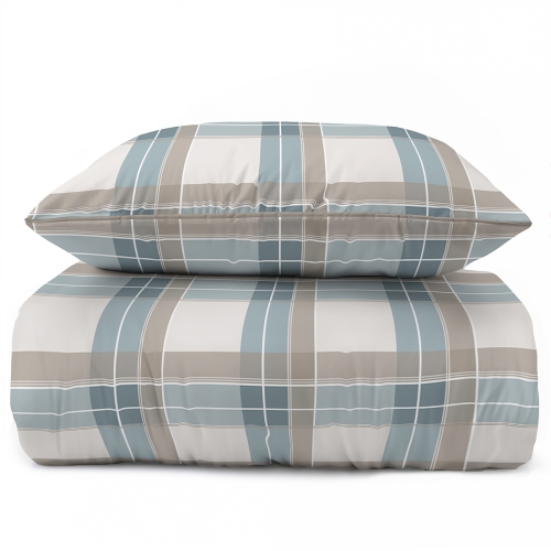 Pościel 160x200 La Perkale Perkal z lamówką Kratka beżowo niebieska Bawełna Premium 