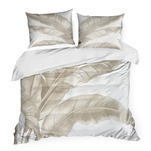 Pościel Satynowa 160x200 Liście ciemnobeżowy/jasnokremowy