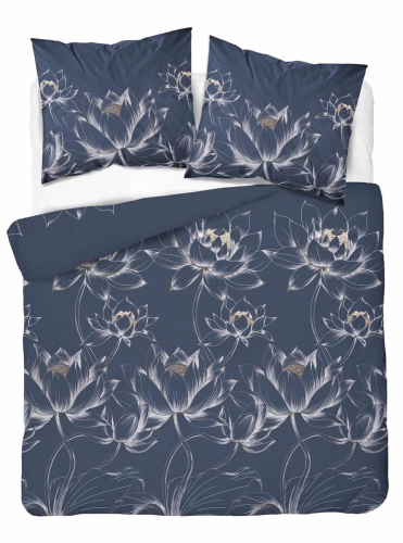 Pościel Bawełniana 160x200cm Kwiaty Liście Niebieska