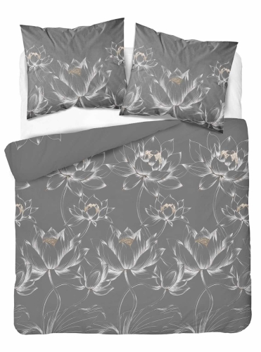 Pościel Bawełniana 180x200cm Kwiaty Liście Popielata Szara