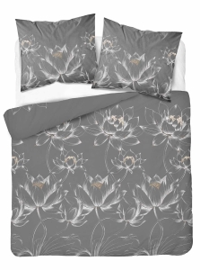 Pościel Bawełniana 220x200cm Kwiaty Liście Popielata Szara