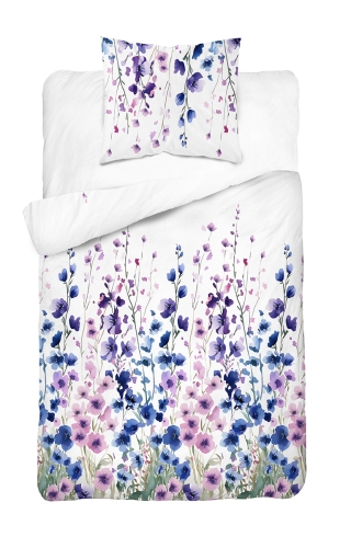 Pościel Bawełniana 140x200cm Kwiaty niebieskie fiołkowe na jasnym tle  