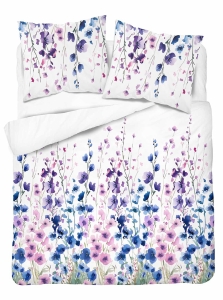 Pościel Bawełniana 160x200cm Kwiaty niebieskie fiołkowe na jasnym tle 