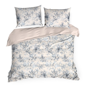 Pościel Satynowa 160x200 Premium Liście Kwiaty biały niebieski