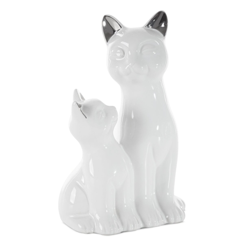 Figurka z glinki ceramicznej Koty 15 x 11 x 22 cm biała ze srebrnym