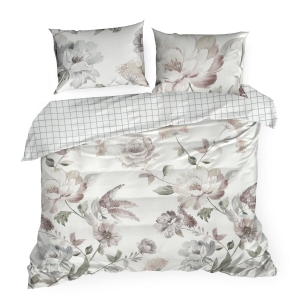 Pościel z Makosatyny bawełnianej 160x200 Rosalia Kwiaty biała/pudrowa Premium   