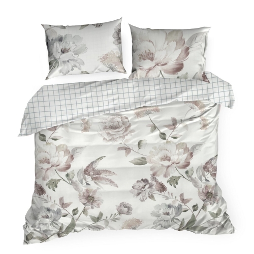 Pościel z Makosatyny bawełnianej 160x200 Rosalia Kwiaty biała/pudrowa Premium   