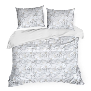 Pościel Satynowa 160x200 Lisa Kwiaty kremowy/ jasnoszary