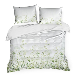 Pościel 220x200 Satynowa Mikrofibra Buena Kwiaty biały/zielony 
