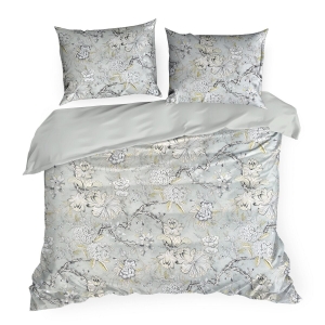 Pościel Satynowa 160x200 Kwiaty stalowy/beżowy