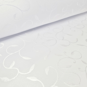 Tkanina Obrusowa Plamoodporna biała wzór roślinny listki poliester  szer. 160cm