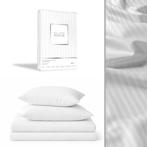 Pościel Adamaszek 140x200 Gładka Satynowa w Pasy Premium Biała