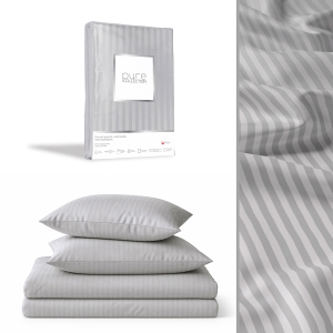 Pościel Adamaszek 140x200 Gładka Satynowa w Pasy Premium Jasna Szara